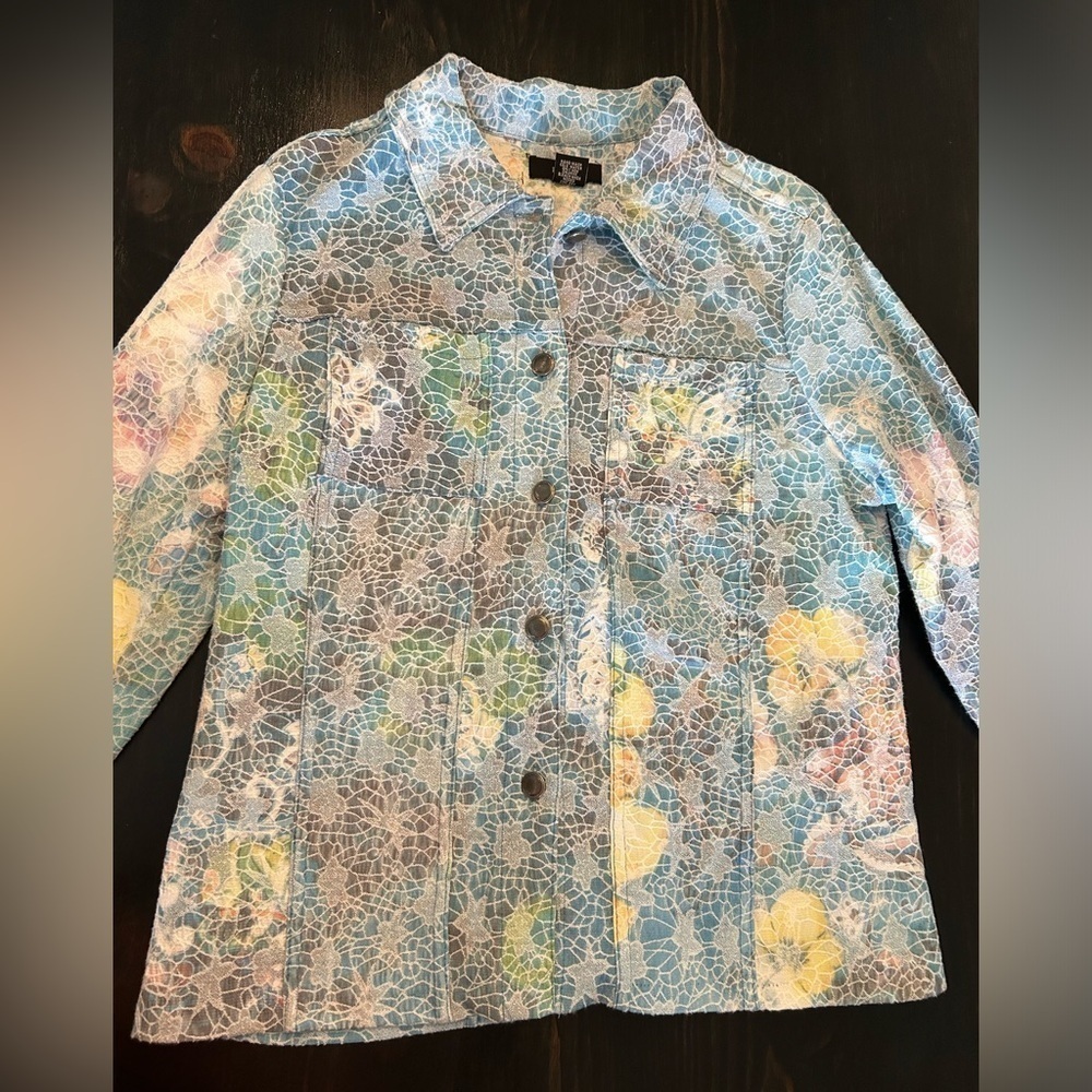 Kaktus Textured Pastel Peacock Jean Jacket Metal Buttons L Art to Wear Colorful - Picture 6 of 13